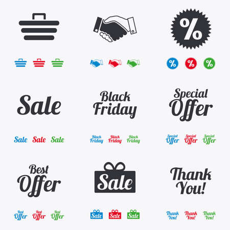 Sale discounts icon. Shopping, handshake and black friday signs. Special offer symbols. Flat black, red, blue and green icons.のイラスト素材