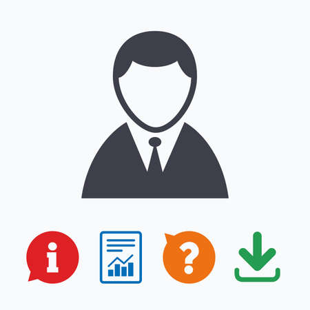 User sign icon. Person symbol. Human in suit avatar. Information think bubble, question mark, download and report.のイラスト素材