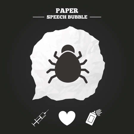 Bug and vaccine syringe injection icons. Heart and spray can sign symbols. Paper speech bubble with icon.のイラスト素材