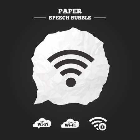 Free Wifi Wireless Network cloud speech bubble icons. Wi-fi zone locked symbols. Password protected Wi-fi sign. Paper speech bubble with icon.のイラスト素材
