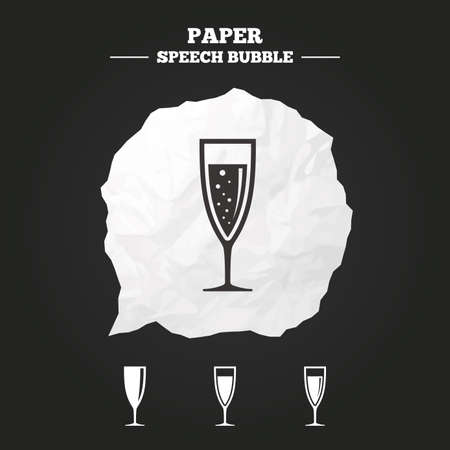 Champagne wine glasses icons. Alcohol drinks sign symbols. Sparkling wine with bubbles. Paper speech bubble with icon.のイラスト素材