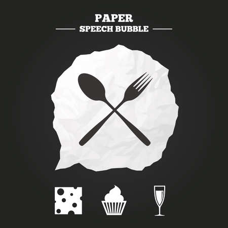 Food icons. Muffin cupcake symbol. Fork and spoon sign. Glass of champagne or wine. Slice of cheese. Paper speech bubble with icon.のイラスト素材