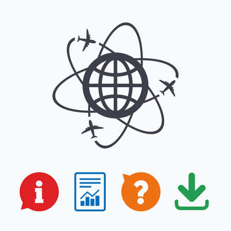 Globe sign icon. World logistics symbol. Worldwide travel flights. Information think bubble, question mark, download and report.のイラスト素材