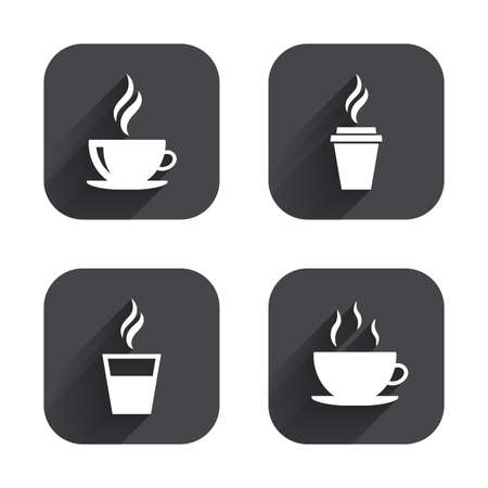 Coffee cup icon. Hot drinks glasses symbols. Take away or take-out tea beverage signs. Square flat buttons with long shadow.のイラスト素材