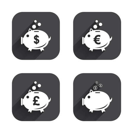 Piggy bank icons. Dollar, Euro and Pound moneybox signs. Cash coin money symbols. Square flat buttons with long shadow.のイラスト素材