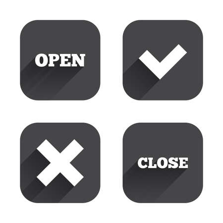 Open and Close icons. Check or Tick. Delete remove signs. Yes correct and cancel symbol. Square flat buttons with long shadow.のイラスト素材