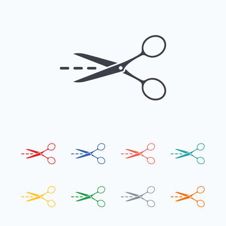 Scissors with cut dash dotted line sign icon. Tailor symbol. Colored flat icons on white background.のイラスト素材