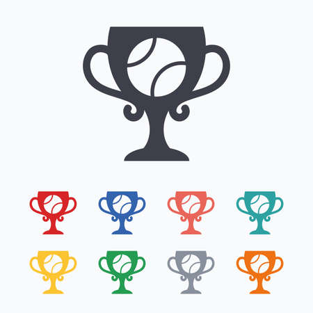 Tennis ball sign icon. Sport symbol. Winner award cup. Colored flat icons on white background.のイラスト素材