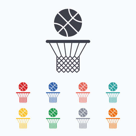 Basketball basket and ball sign icon. Sport symbol. Colored flat icons on white background.のイラスト素材