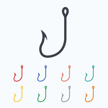 Fishing hook sign icon. Fishermen tackle symbol. Colored flat icons on white background.のイラスト素材