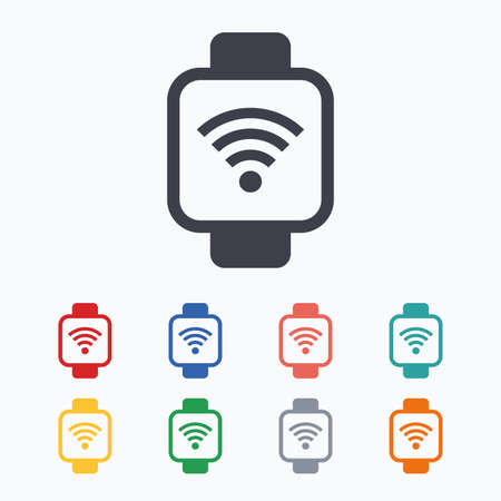 Smart watch sign icon. Wrist digital watch. Wi-fi internet symbol. Colored flat icons on white background.のイラスト素材