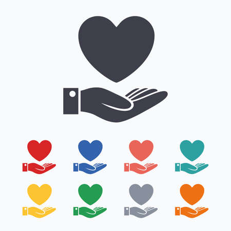 Heart and hand sign icon. Palm holds love symbol. Colored flat icons on white background.のイラスト素材