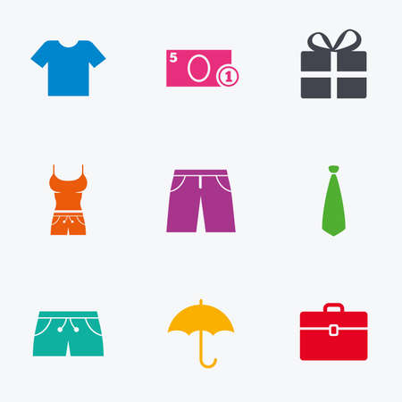 Clothing, accessories icons. T-shirt, business case signs. Umbrella and gift box symbols. Flat colored graphic icons.のイラスト素材