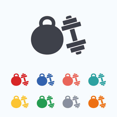 Dumbbell with kettlebell sign icon. Fitness sport symbol. Gym workout equipment. Colored flat icons on white background.のイラスト素材