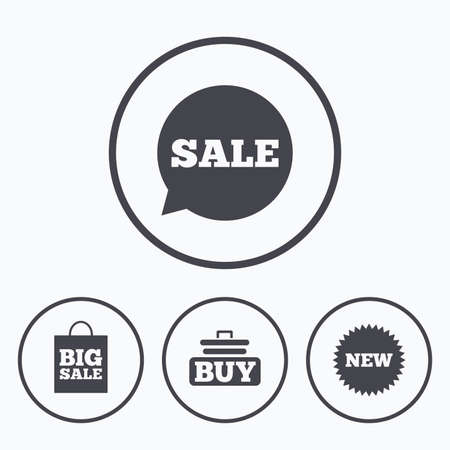 Sale speech bubble icon. Buy cart symbol. New star circle sign. Big sale shopping bag. Icons in circles.のイラスト素材