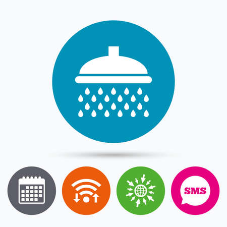 Wifi, Sms and calendar icons. Shower sign icon. Douche with water drops symbol. Go to web globe.のイラスト素材