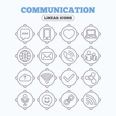 Linear icons with direction arrows. Communication icons. Smartphone, laptop and speech bubble symbols. Wi-fi and Rss. Online love dating, mail and globe thin outline signs. Circle buttons.のイラスト素材