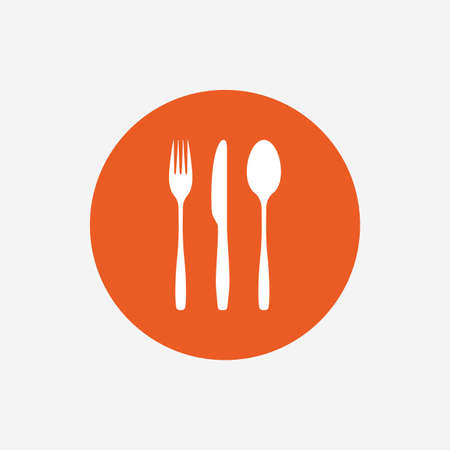 Fork, knife, tablespoon sign icon. Cutlery collection set symbol. Orange circle button with icon. Vectorのイラスト素材
