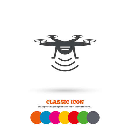 Drone icon. Quadrocopter with remote control symbol. Classic flat icon. Colored circles.のイラスト素材