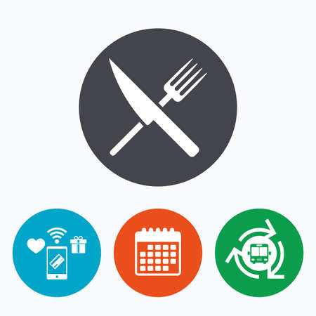 Food sign icon. Cutlery symbol. Knife and fork. Mobile payments, calendar and wifi icons. Bus shuttle.のイラスト素材