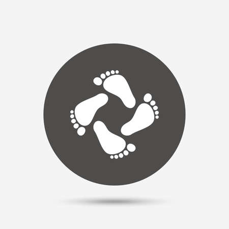 Baby footprints icon. Child barefoot steps. Toddler feet symbol. Gray circle button with icon. Vectorのイラスト素材