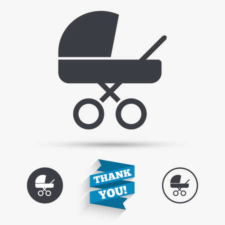 Baby pram stroller sign icon. Baby buggy. Baby carriage symbol. Flat icons. Buttons with icons. Thank you ribbon. Vectorのイラスト素材