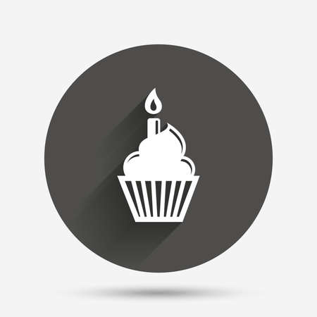 Birthday cake sign icon. Cupcake with burning candle symbol. Circle flat button with shadow. Vectorのイラスト素材