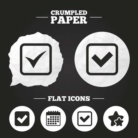 Crumpled paper speech bubble. Check icons. Checkbox confirm squares sign symbols. Paper button. Vectorのイラスト素材