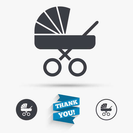 Baby pram stroller sign icon. Baby buggy. Baby carriage symbol. Flat icons. Buttons with icons. Thank you ribbon. Vectorのイラスト素材