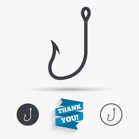 Fishing hook sign icon. Fishermen tackle symbol. Flat icons. Buttons with icons. Thank you ribbon. Vectorのイラスト素材