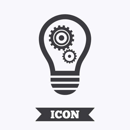 Light lamp sign icon. Bulb with gears and cogs symbol. Idea symbol. Graphic design element. Flat idea symbol on white background. Vectorのイラスト素材