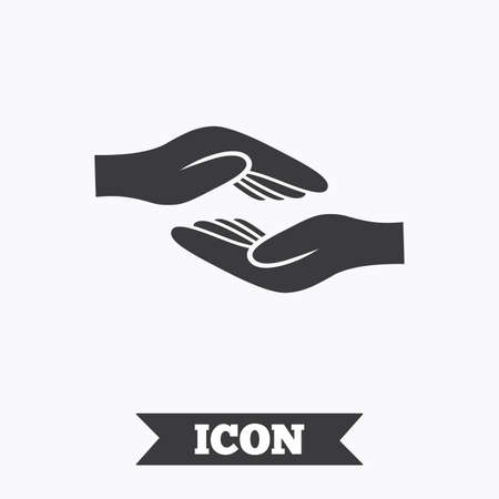 Helping hands sign icon. Charity or endowment symbol. Human palm. Graphic design element. Flat helping hands symbol on white background. Vectorのイラスト素材