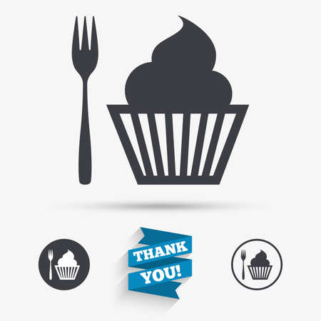 Eat sign icon. Dessert trident fork with muffin. Cutlery symbol. Flat icons. Buttons with icons. Thank you ribbon. Vectorのイラスト素材
