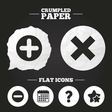 Crumpled paper speech bubble. Plus and minus icons. Delete and question FAQ mark signs. Enlarge zoom symbol. Paper button. Vectorのイラスト素材