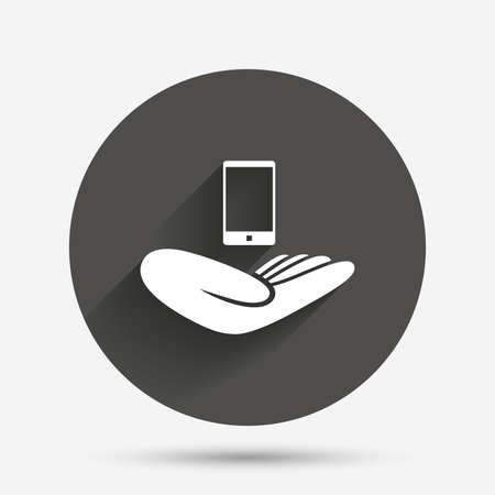 Smartphone insurance sign. Hand holds mobile phone symbol. Circle flat button with shadow. Vectorのイラスト素材