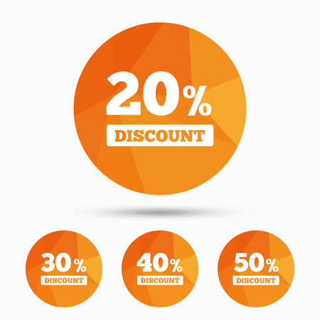 Sale discount icons. Special offer price signs. 20, 30, 40 and 50 percent off reduction symbols. Triangular low poly buttons with shadow. Vectorのイラスト素材