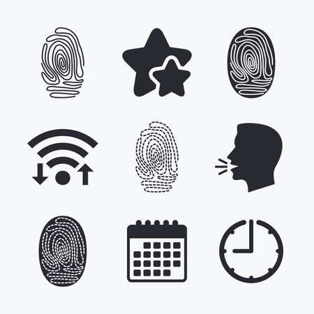 Fingerprint icons. Identification or authentication symbols. Biometric human dabs signs. Wifi internet, favorite stars, calendar and clock. Talking head. Vectorのイラスト素材