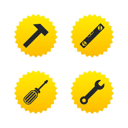 Screwdriver and wrench key tool icons. Bubble level and hammer sign symbols. Yellow stars labels with flat icons. Vectorのイラスト素材
