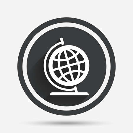 Globe sign icon. Geography symbol. Globe on stand for studying. Circle flat button with shadow and border. Vectorのイラスト素材
