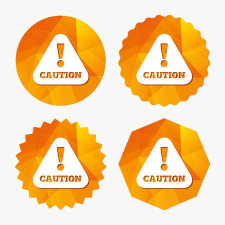Attention caution sign icon. Exclamation mark. Hazard warning symbol. Triangular low poly buttons with flat icon. Vectorのイラスト素材