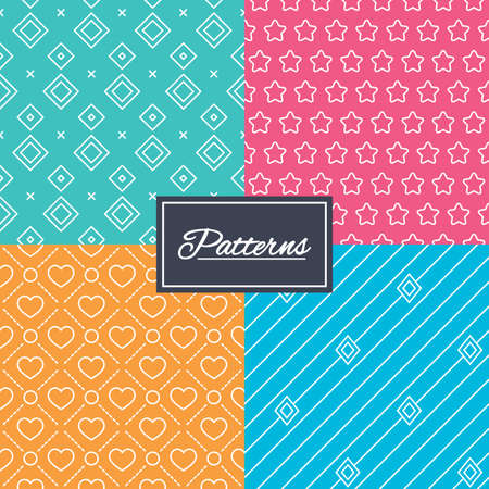 Stars, hearts and rhombus seamless textures. Linear geometric patterns. Modern textures. Abstract patterns with colored background. Vectorのイラスト素材