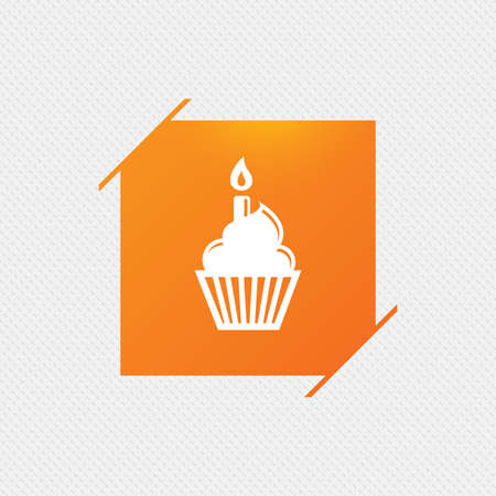 Birthday cake sign icon. Cupcake with burning candle symbol. Orange square label on pattern. Vectorのイラスト素材