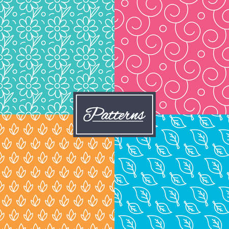Flower, leaves and floral ornate seamless textures. Linear geometric patterns. Modern textures. Abstract patterns with colored background. Vectorのイラスト素材