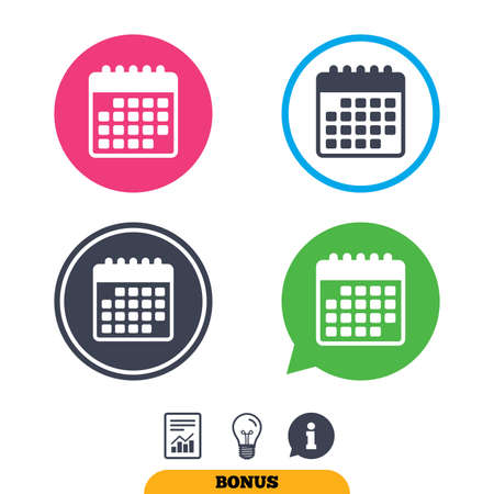 Calendar icon. Event reminder symbol. Report document, information sign and light bulb icons. Vectorのイラスト素材