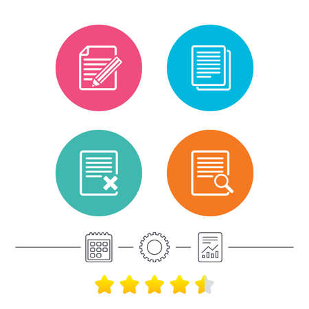 File document icons. Search or find symbol. Edit content with pencil sign. Remove or delete file. Calendar, cogwheel and report linear icons. Star vote ranking. Vectorのイラスト素材