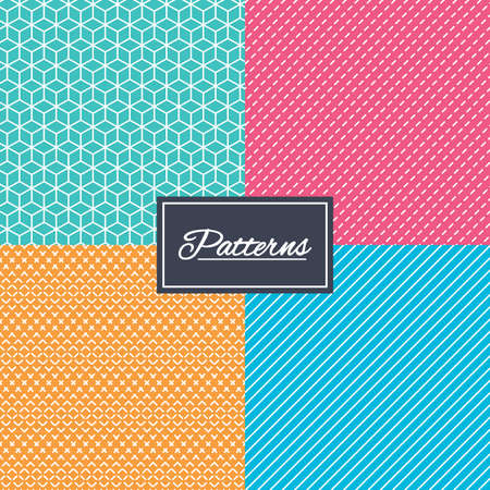Cubes, dashed diagonal lines and ornament seamless textures. Linear geometric patterns. Modern textures. Abstract patterns with colored background. Vectorのイラスト素材