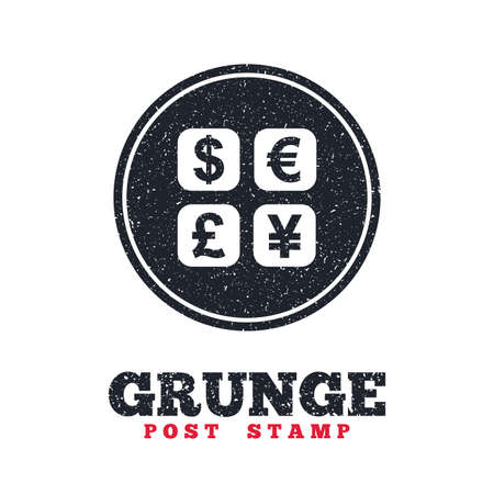 Grunge post stamp. Circle banner or label. Currency exchange sign icon. Currency converter symbol. Money label. Dirty textured web button. Vectorのイラスト素材