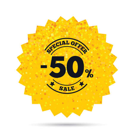 Gold glitter web button. 50 percent discount sign icon. Sale symbol. Special offer label. Rich glamour star design. Vectorのイラスト素材