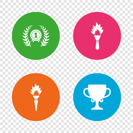 First place award cup icons. Laurel wreath sign. Torch fire flame symbol. Prize for winner. Round buttons on transparent background. Vectorのイラスト素材