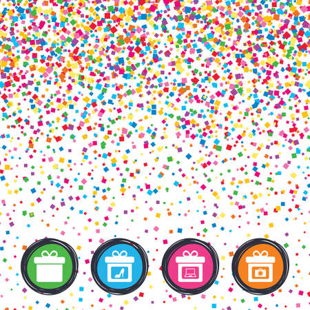Web buttons on background of confetti. Gift box sign icons. Present with bow symbols. Photo camera sign. Woman shoes. Bright stylish design. Vectorのイラスト素材